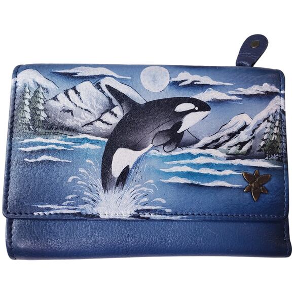 ANUSCHKA Leaping Orca Handpainted Leather Wallet RFID Blocker Protection Blue - Picture 1 of 14
